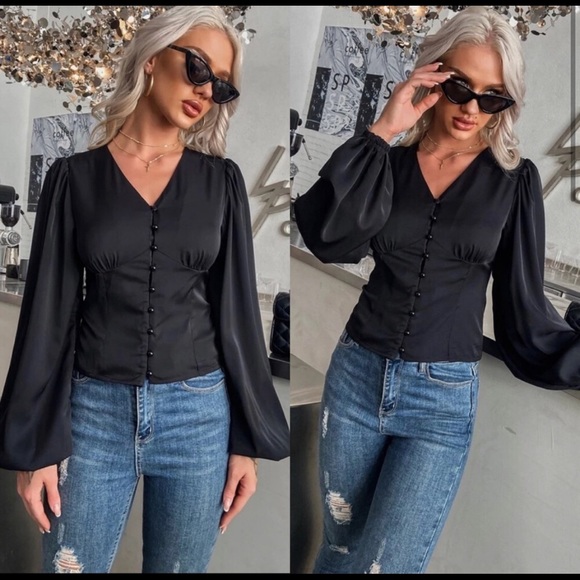 Rust V neck button down balloon sleeve blouse - Picture 7 of 9